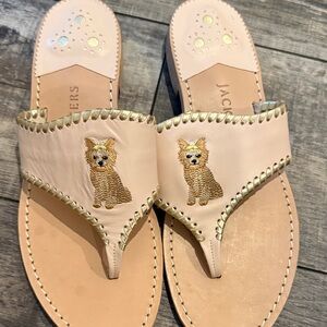 Jack Rogers Blush Leather Embroidered Puppy Thong Sandals with Gold Trim
